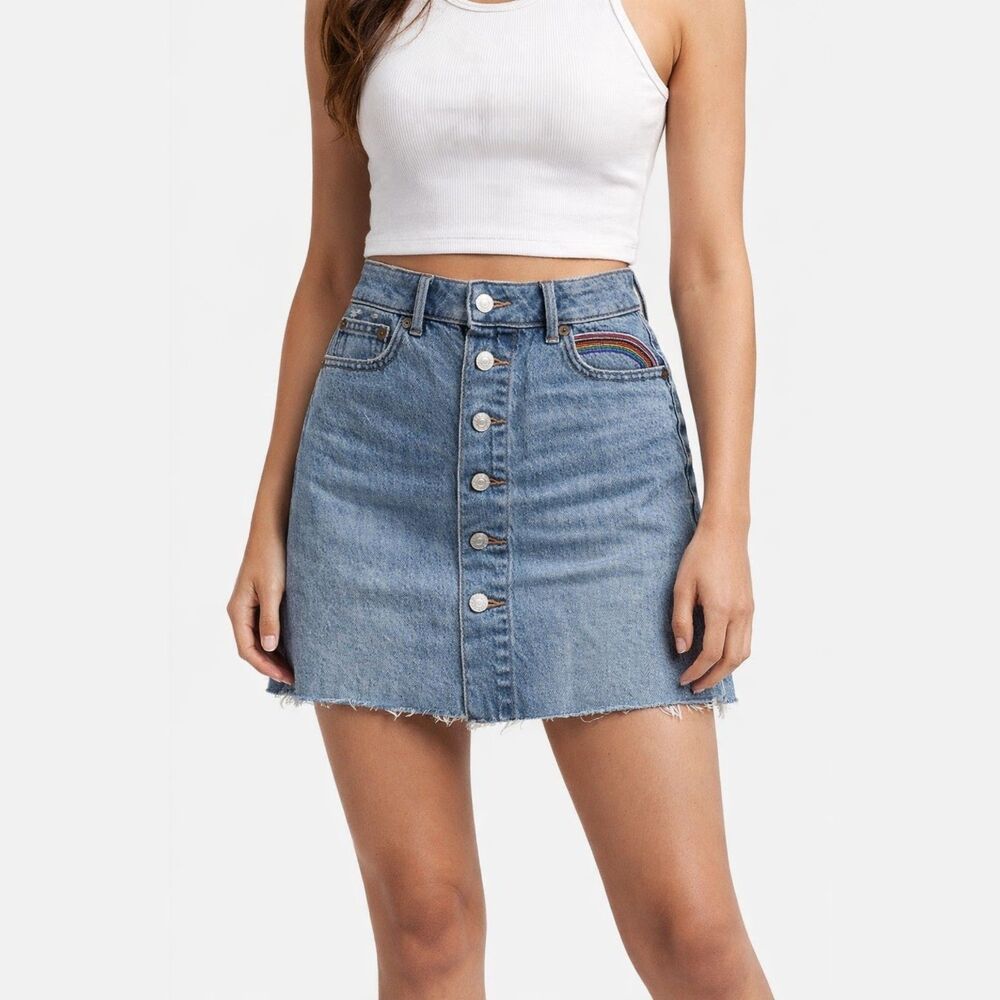 American Eagle Denim Mini Skirt Womens 00 Button Fly High Rise Jean Frayed Hem